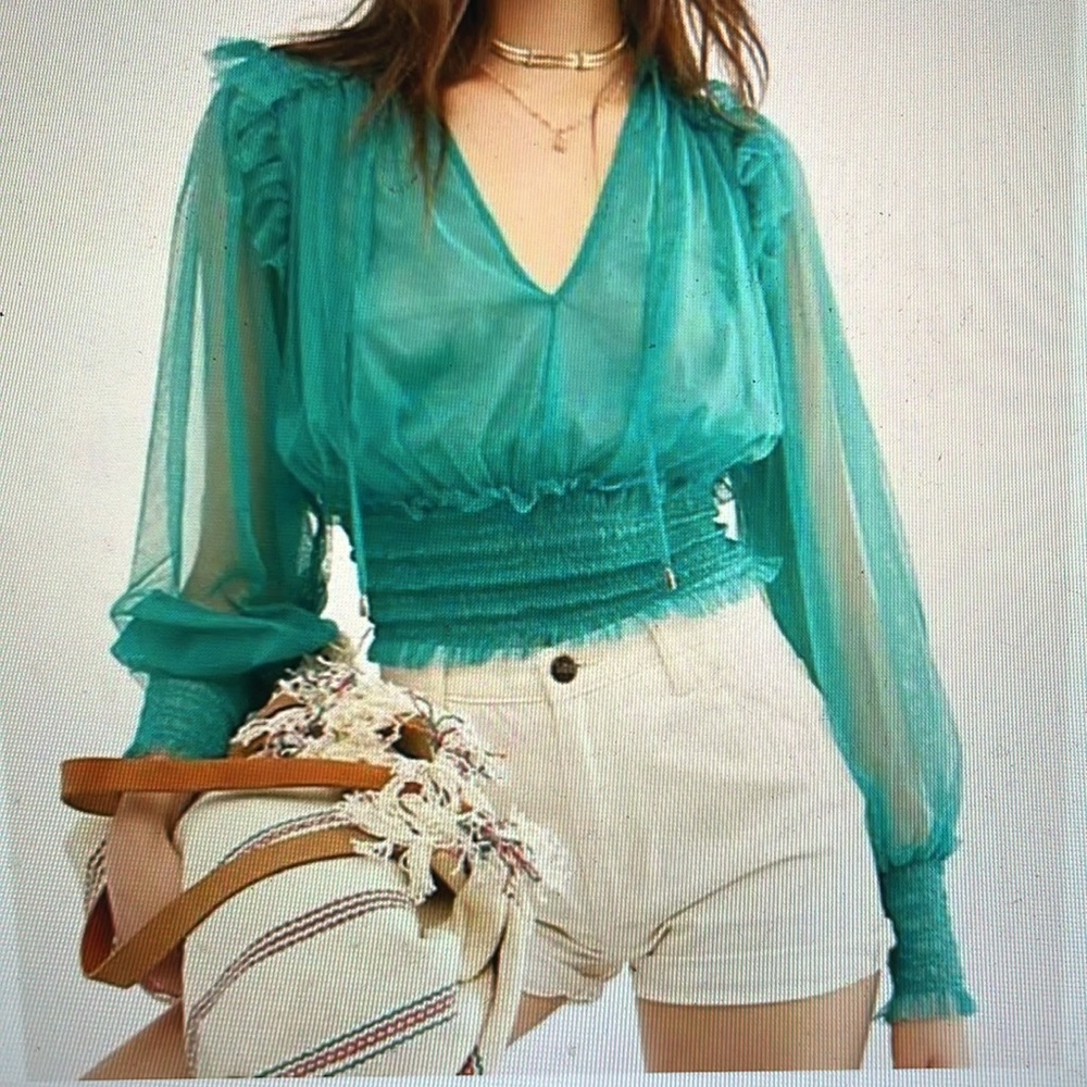 Free people Twyla top smocked %100 Nylon sheer blouse like new!!! - Picture 1 of 13